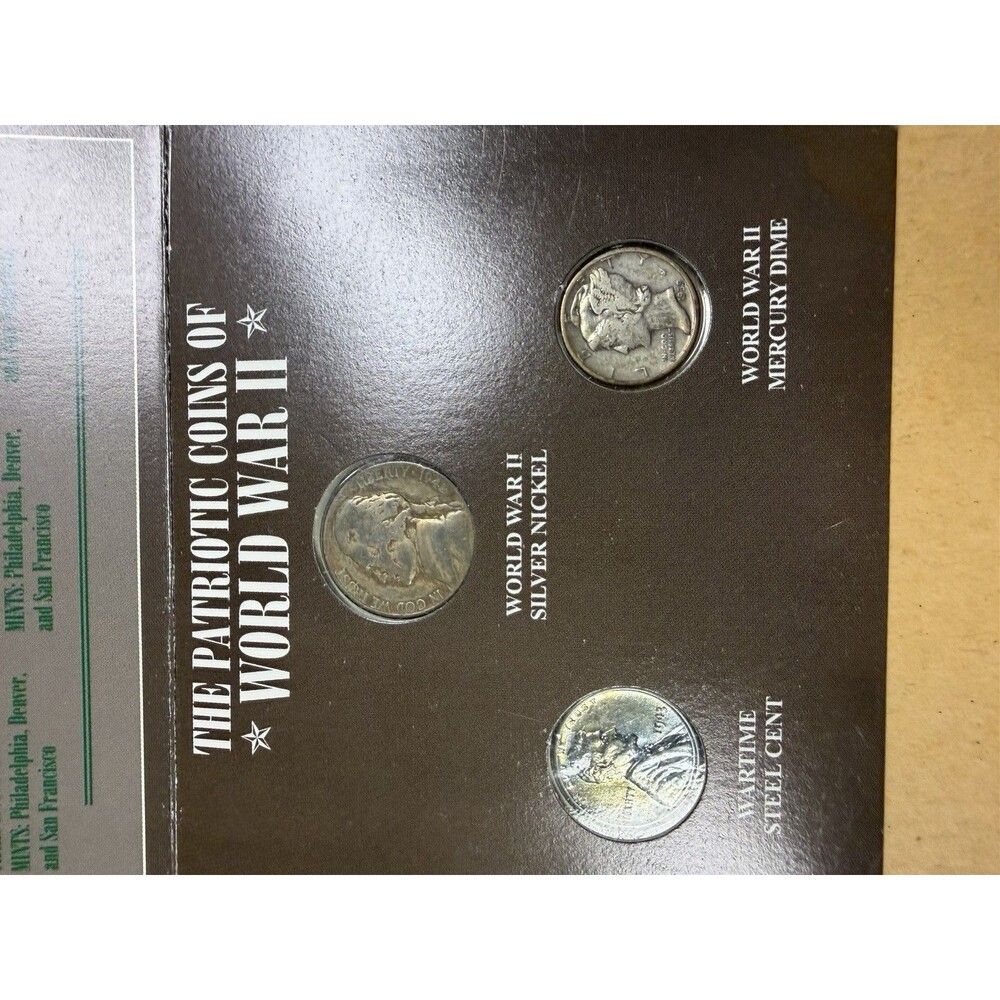 Patriotic Coins of WWII Booklet Set: Mercury Dime, Silver Nickel, 1943 Cent